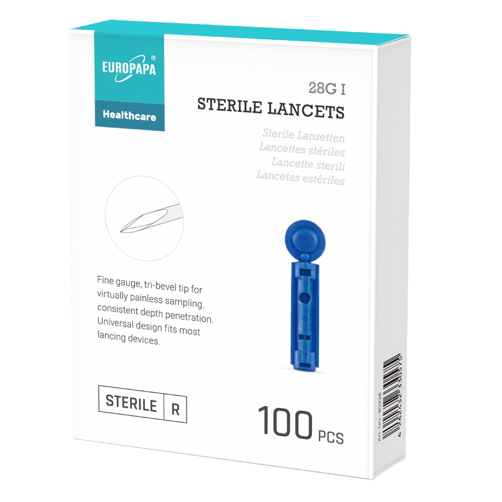 EUROPAPA® Lancety Jednorazowe Sterylne, Bezpieczne Do Pobierania Krwi, 100 Sztuk, Zastosowanie Do Glukometru EUROPAPA BG Series