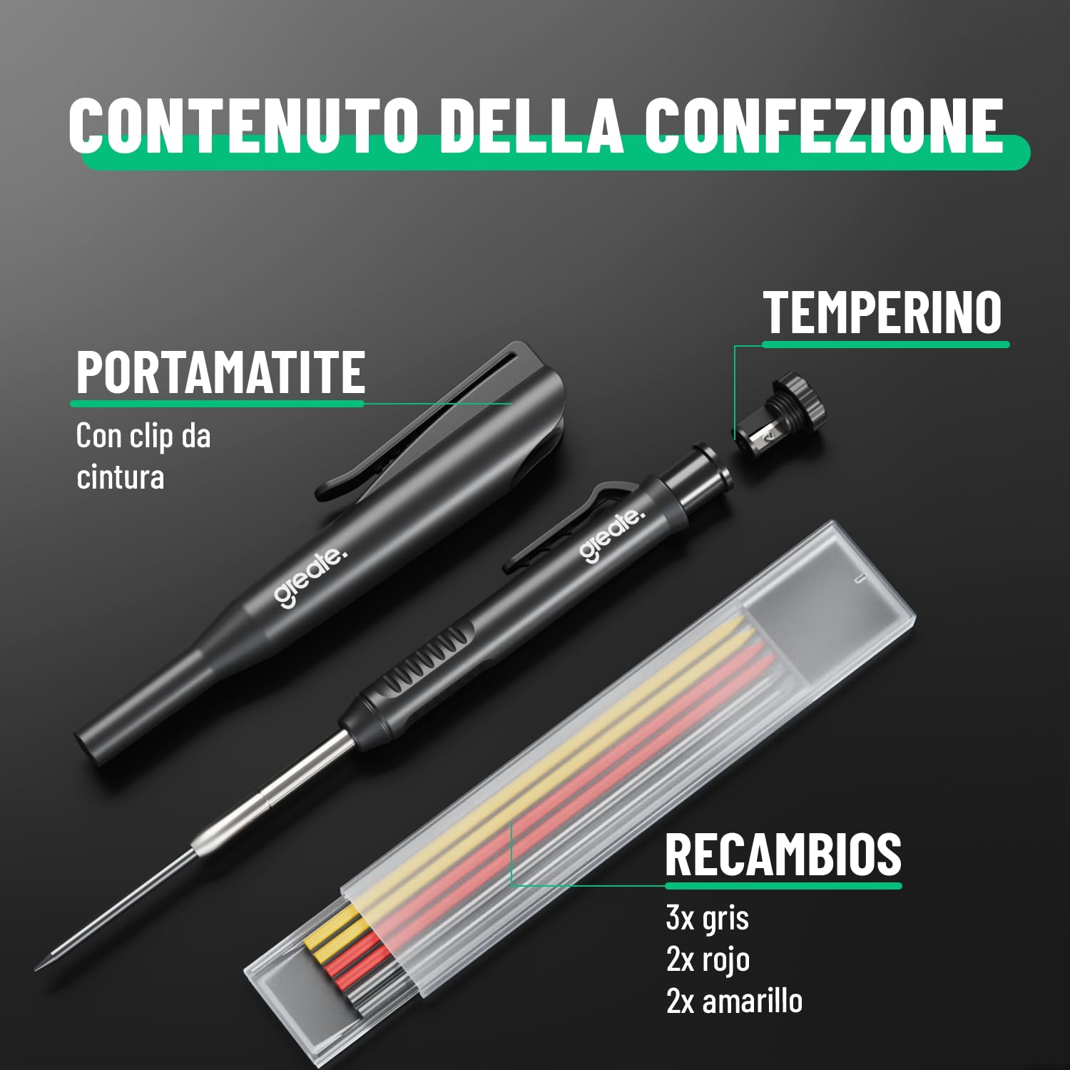 greate Marcatore a foro profondo con matite falegname, 7 mine e temperamatite - Matita da cantiere professionale per legno, metallo, plastica, piastrelle - fai da te attrezzi, accessori da lavoro