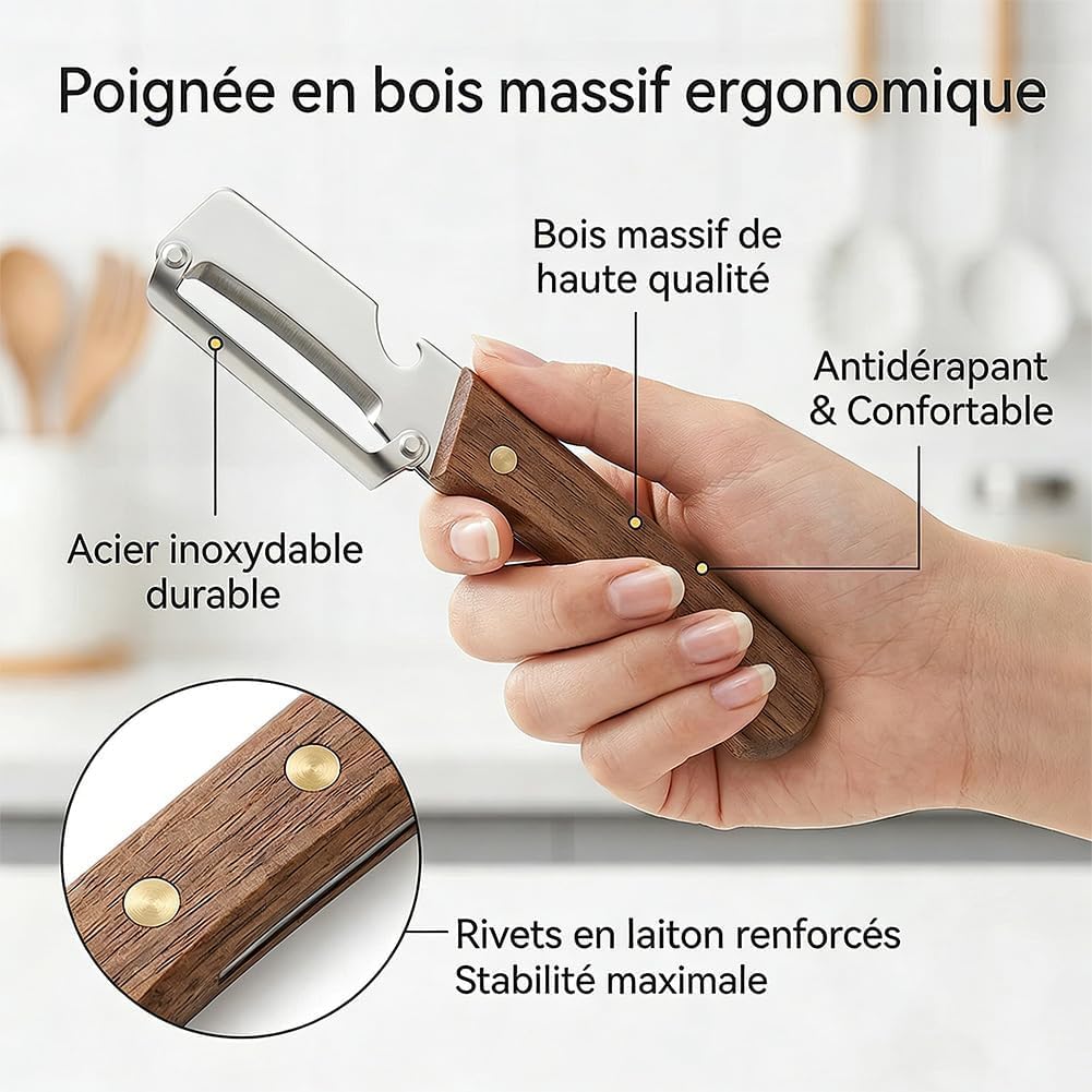 Eplucheur Multifonction 3-en-1 - Eplucheur Légumes avec Manche en Bois Massif, Eplucheur Polyvalent avec Décapsuleur Intégré Lame Tranchante pour Éplucher, Trancher (Marron 1 pièce) - 5