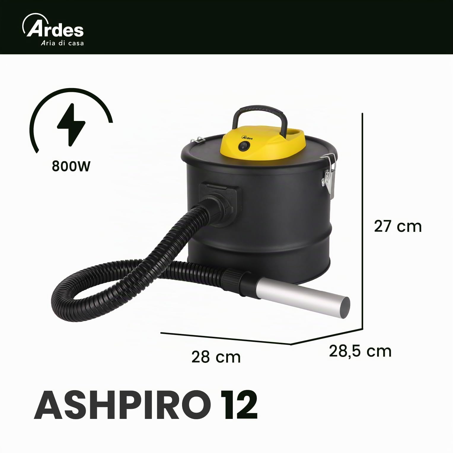 ARDES AR4A12 ASHPIRO 12 Aspirador de Cenizas Profesional Tanque 12L, Filtro de Tela No Tejida Lavable, Bidón Aspira Cenizas Aspirador Adecuado ara Trabajo Cotidiano o Industrial, Negro Amarillo