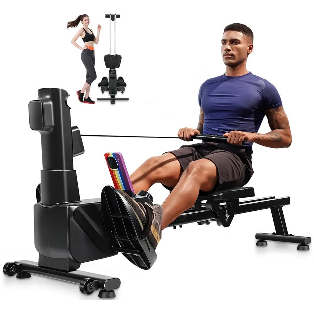 BAKAJI Vogatore Pieghevole con 8 Livelli di Resistenza e Sistema di Chiusura Salvaspazio e Spostamento con Rotelle Ergonomiche, Rematore Silenzioso da Palestra Fitness Home Gym per Cardio