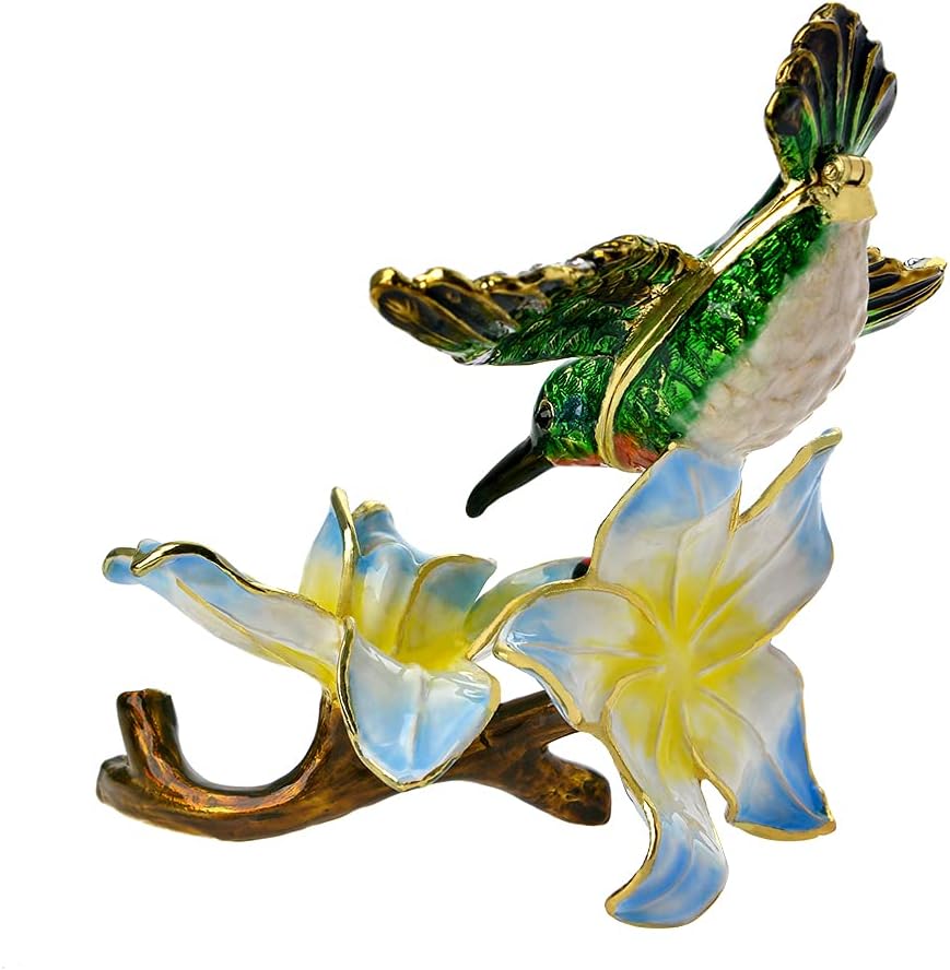 Hummingbird Figurine Home Decor Bird Trinket Jewelry Box, Enameled Hand-Painted Hinged Trinket Box, Elegant Home Décor & Unique Gift for Bird Lovers