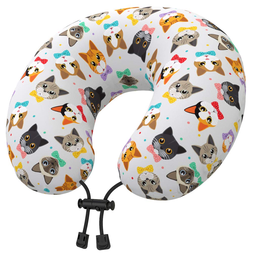 Nobildonna Latex Travel Neck Pillow with Multicolor Cover for Kids Women Adults, U Shaped Head Chin Lumbar Support Pillow for Airplane, Car, Train Sleeping or Office Home Napping (Kitty)