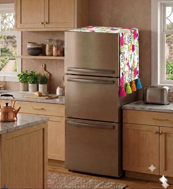 Image of Triple Door Fridge Top Cover 100-250L |450 GSM Durable Fridge Cover with Tassels| Fits Godrej, LG, Haier, Samsung Models | Dustproof Refrigerator Cover Mat in Floral Print | WWW.THROWPILLOW