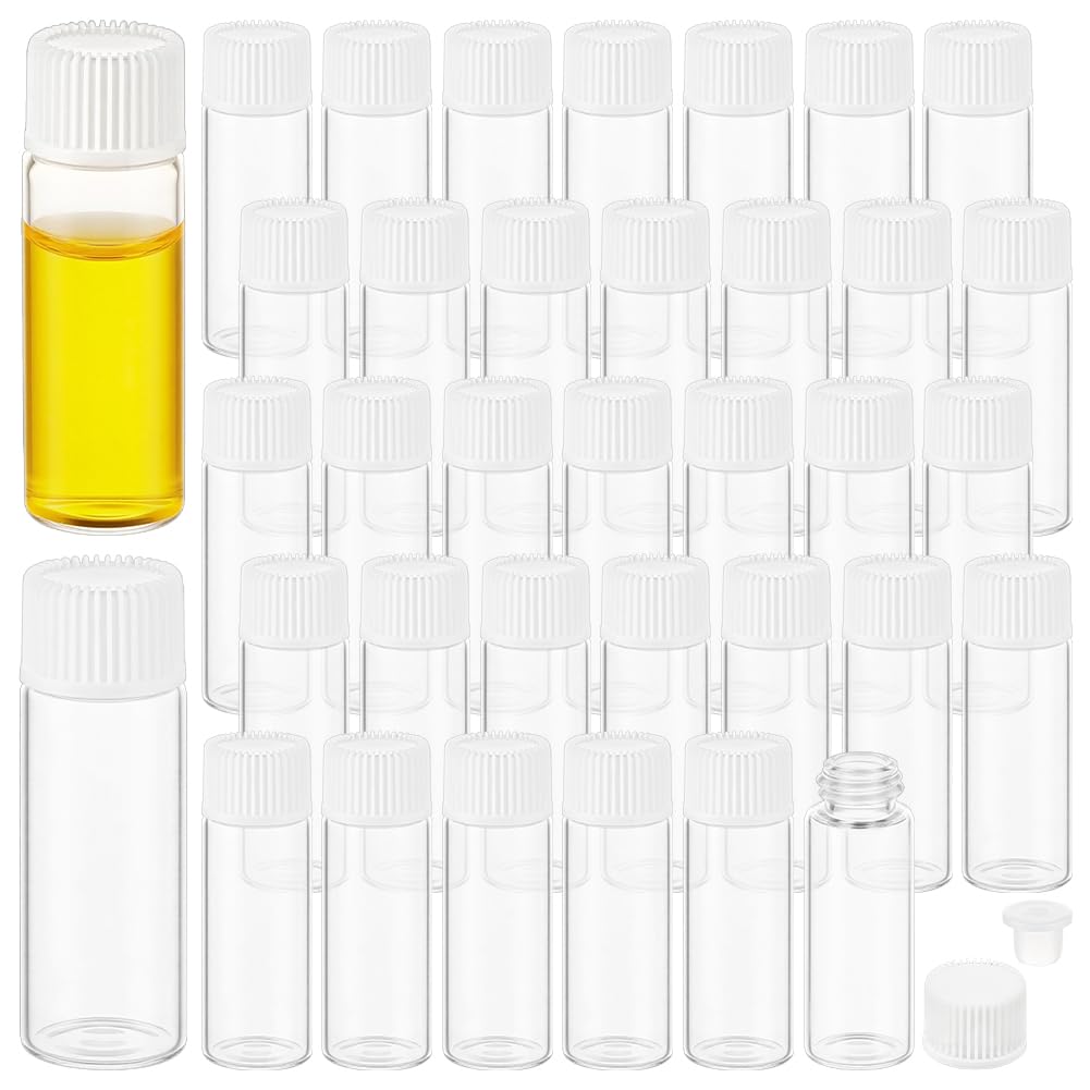 BENECREAT 50 Fiala di Vetro Bianco Da 5ml con Tappo A Vite, Piccole Bottiglie di Olio Essenziale A Prova di Perdite, Contenitore per Campioni Ricaricabile per Aromaterapia e Fai Da Te