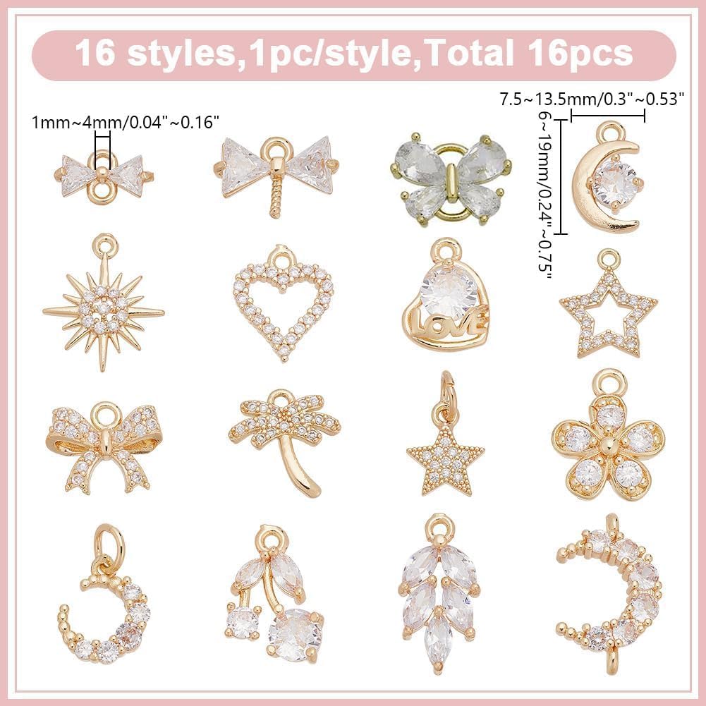 arricraft 16 Pcs 14K Gold Plated Pendant, 16 Styles Moon Flower Star Bowknot Brass Micro Pave Rhinestone Charm with Jump Ring for Necklace Bracelet Jewelry Making - Image 2
