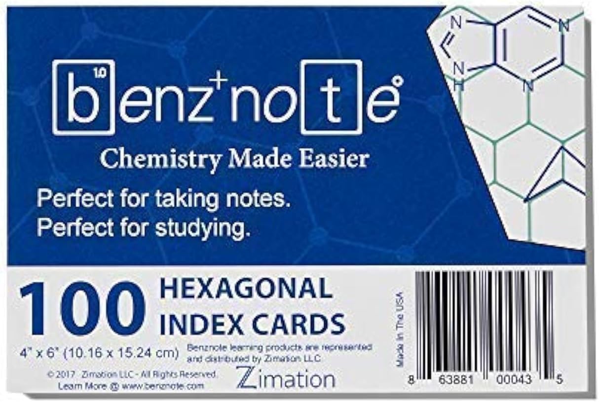 BENZNOTE Index Cards, for Organic and Bio Chemistry, 4" x 6", Hexagonal Graph Rule, Green Lined, 100 Index Cards
