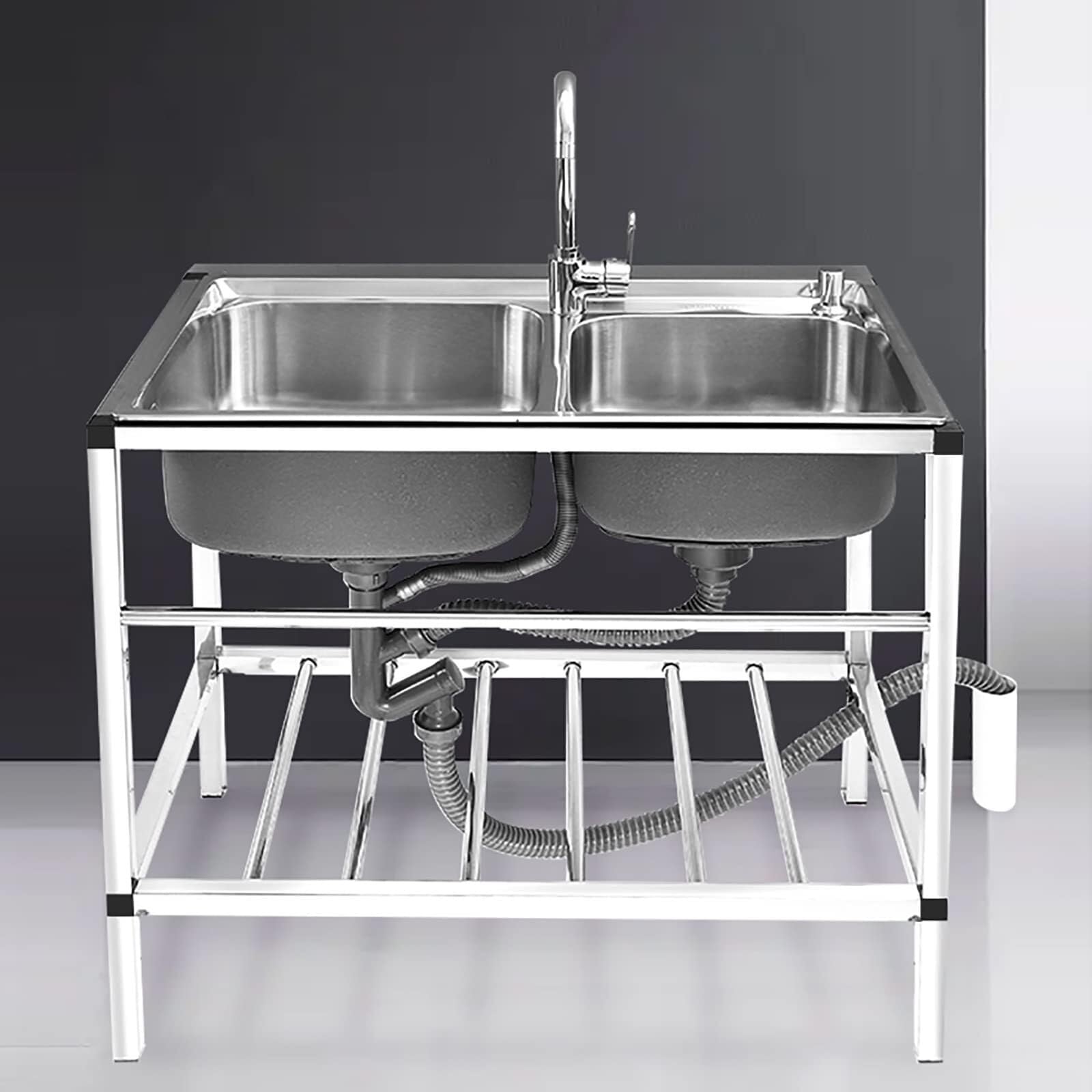 Sddpulse Type A Commercial Grade Stainless Steel Double Bowl Sink - Freestanding Hand Wash Station With Hot And Cold Faucet For Kitchen, Garage And Outdoor Use, -75X40x75cm