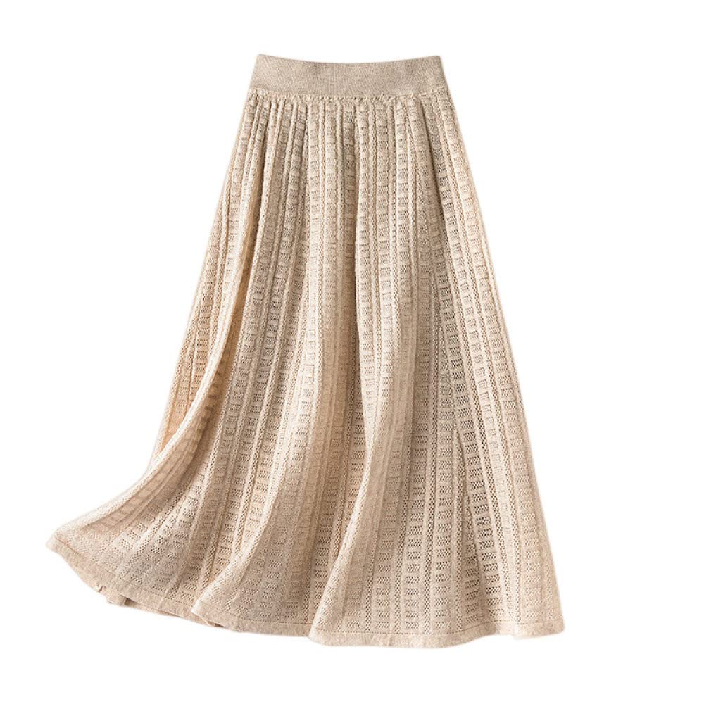Röcke,Damen Midirock Beige Elastisch Hohe Taille Wolle Gestrickter Jacquard Faltenrock Herbst Schlank A-Linie Swing Geraffte Elegante Lange Röcke Für Mädchen Damen,S
