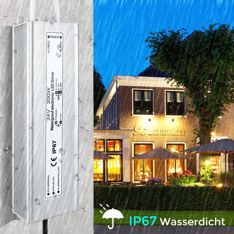 Trasformatore LED 24 V 200 W IP67, trasformatore impermeabile per esterni, con spina, alimentatore a LED, driver da 230 V a DC 24 Volt, adattatore LED Driver esterno per luci LED