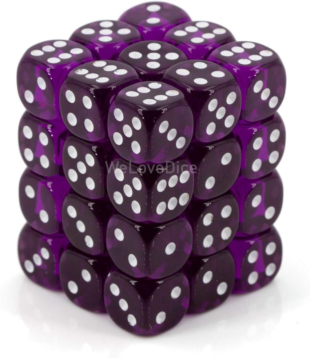 Chessex Dice D6 Sets: Purple with White Translucent - 12Mm Six Sided Die (36) Block of Dice