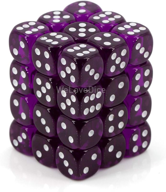Dice D6 Sets: Purple with White Translucent - 12Mm Six Sided Die (36) Block of Dice