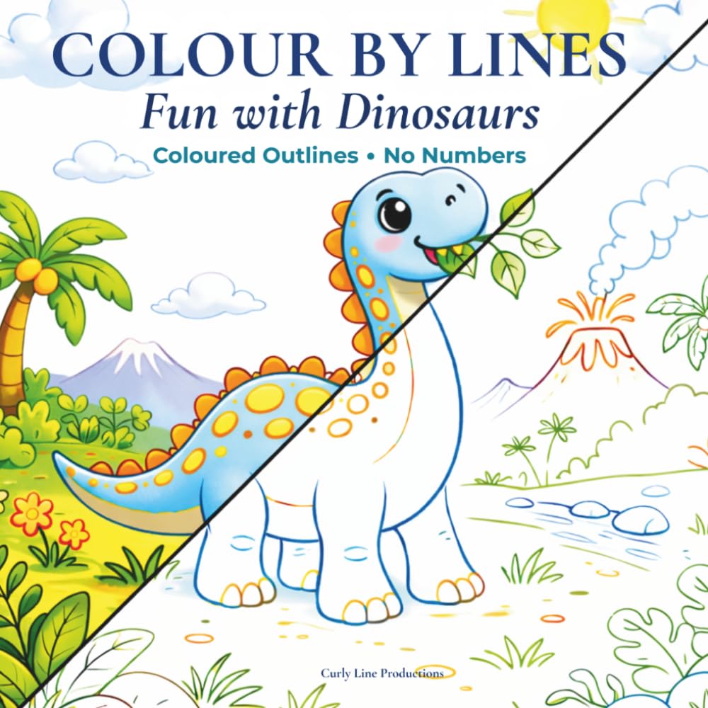 Colour By Lines – Fun With Dinosaurs: Coloured Outlines, No Numbers