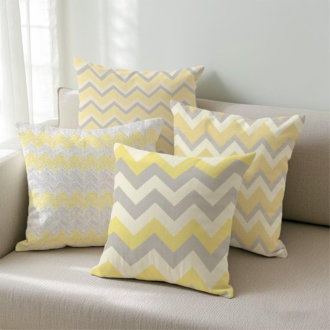 Lot de 4 Housse de Coussin 45x45cm,Housse de Canapé Jaune Motif Décoratif Imperméable Lin Taie d'oreiller avec Fermeture Éclair Invisible,Salon Chambre à Coucher Décoration de Maison,Géométrie Ym255
