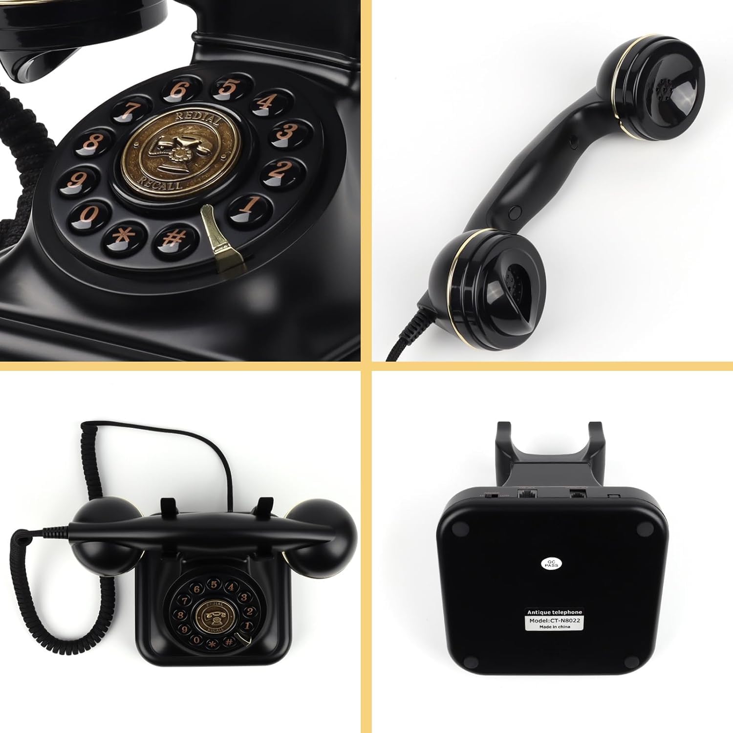 Retro-Festnetztelefon mit Druckknopf-Wahl, Vintage-Telefon mit einstellbarer Klingellautstärke und Wahlwiederholungsfunktion, Schnurgebundenes Retro-Telefon für Zuhause, Büro, Hotel (Schwarz)