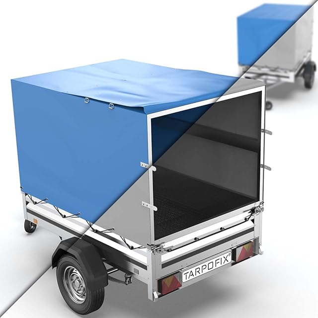 Tarpofix© Plandeka na przyczepę, wysoka plandeka z gumowym paskiem, 210 x 115 x 90 cm, wzmocniona krawędź i wytrzymała plandeka na przyczepę Stema (niebieska)  trwała plandeka na przyczepę samochodową do 750
