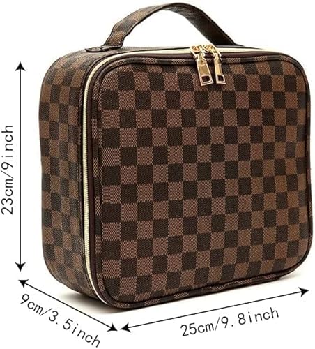 Chicreen Brown Checkered Makeup Bag Cosmetic Bag Travel Makeup Bag With Adjustable Dividers Hand-Portable Pu Leather Waterproof Toiletry Bag Artist Storage Bag, Brown #TOP1