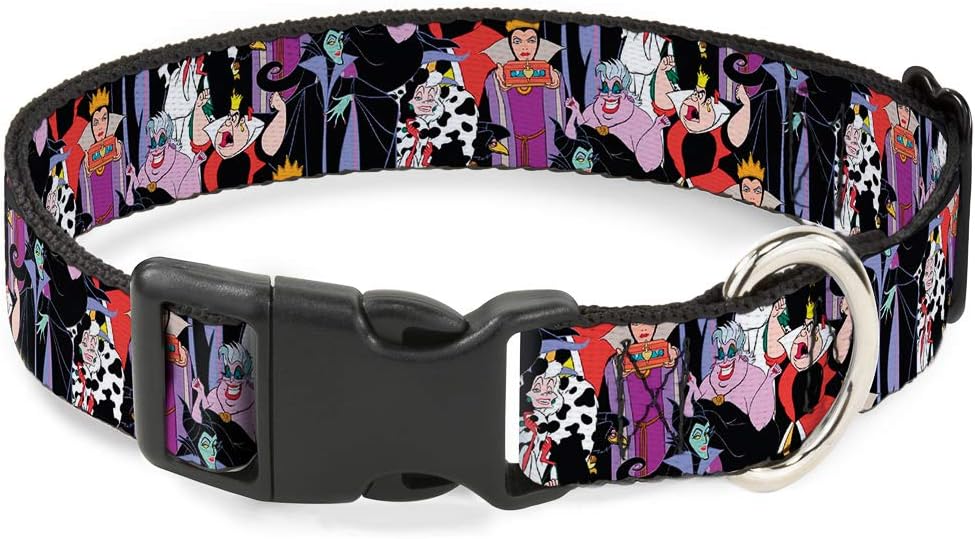 Dog Collar Plastic Clip 5 Disney Villains Stacked 16 to 23 Inches 1.5 Inch Wide
