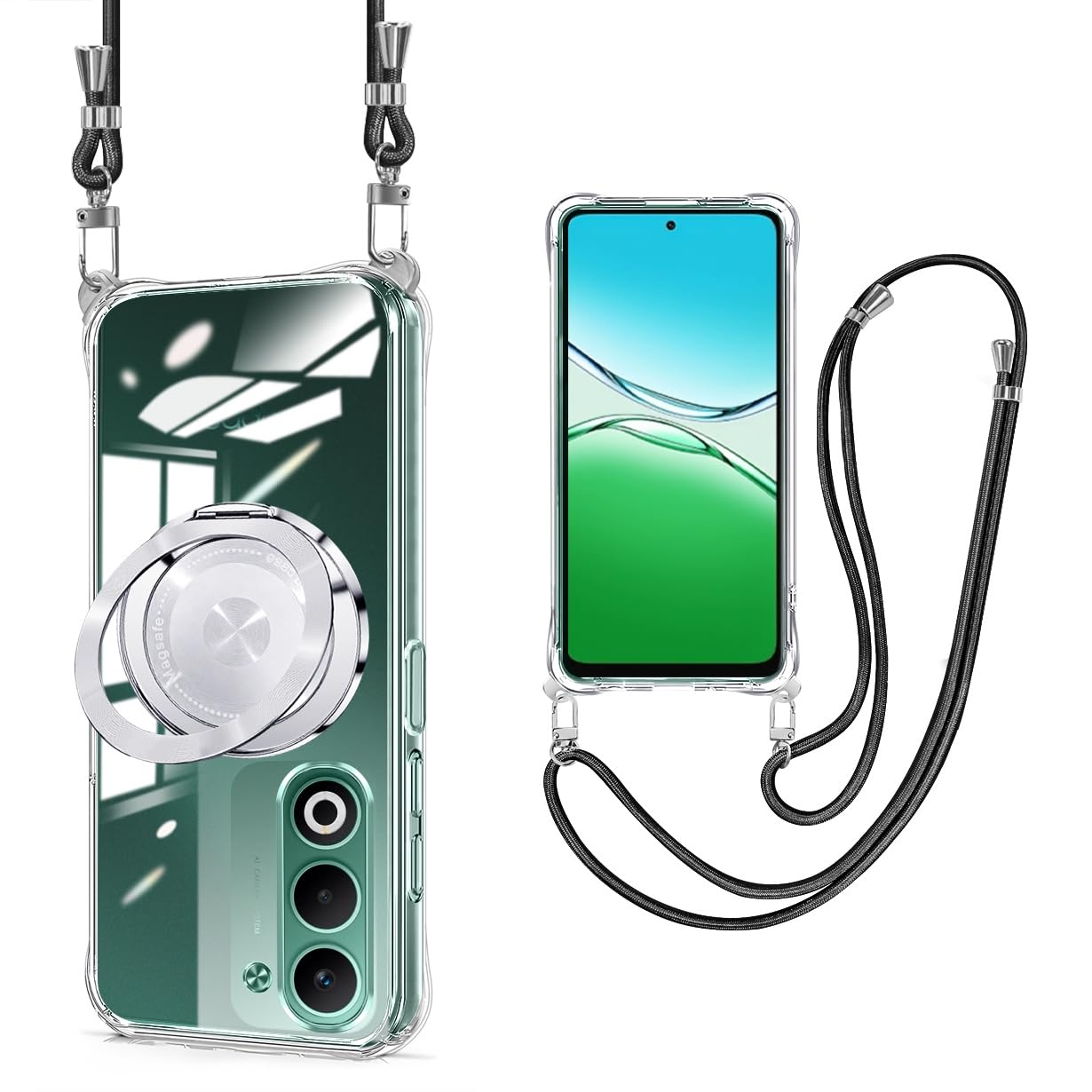 OPPO A5 5G ケース クリア リング付き ショルダー OPG06 / CPH2751 縦横両対応 TPU A502OP 透明 耐衝撃 肩掛け 斜めかけ 縄掛け スタンド機能 360°回転 縦横両対応 紐付き 斜めがけ 織りストラップ付き ネックストラップ 紛失防止(縄掛け-ブラック)
