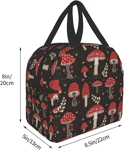 Miniatura 5 de Lonchera negra con estampado de hongos kawaii, pequeña bolsa de almuerzo con aislamiento Kawaii, bolsa de comida reutilizable, bolsas de almuerzo