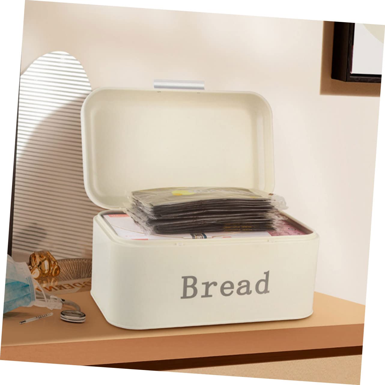 DECHOUS Caja de Pan y Prevención de Humedad para Organización de Cocina de Metal Beige Tapa Abatible Recipiente para Almacenar Pan en Encimera