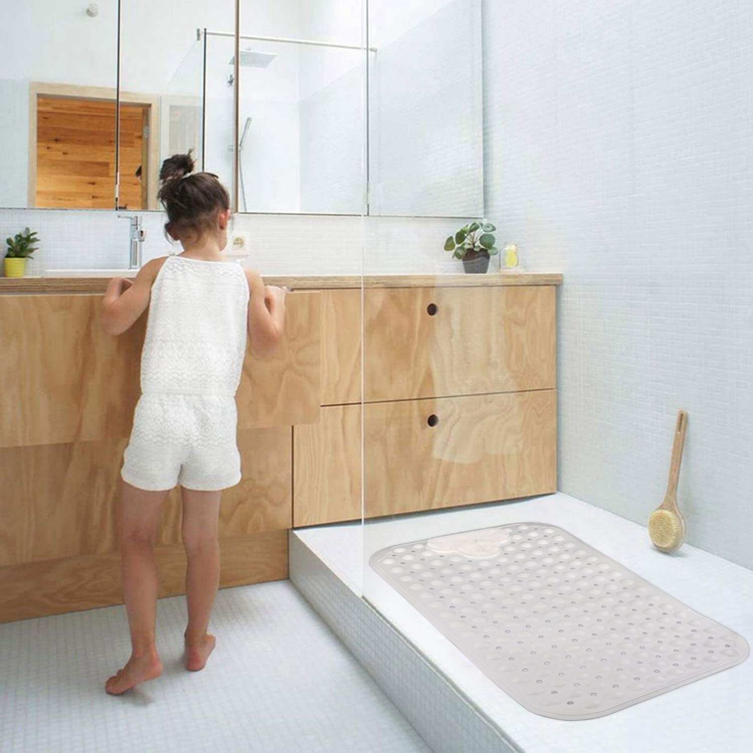 Alfombrilla de ducha antideslizante con ventosas y orificios de drenaje, alfombrilla de baño grande, cojín de masaje para baño, 70 x 40 cm, diseño antideslizante para una ducha segura