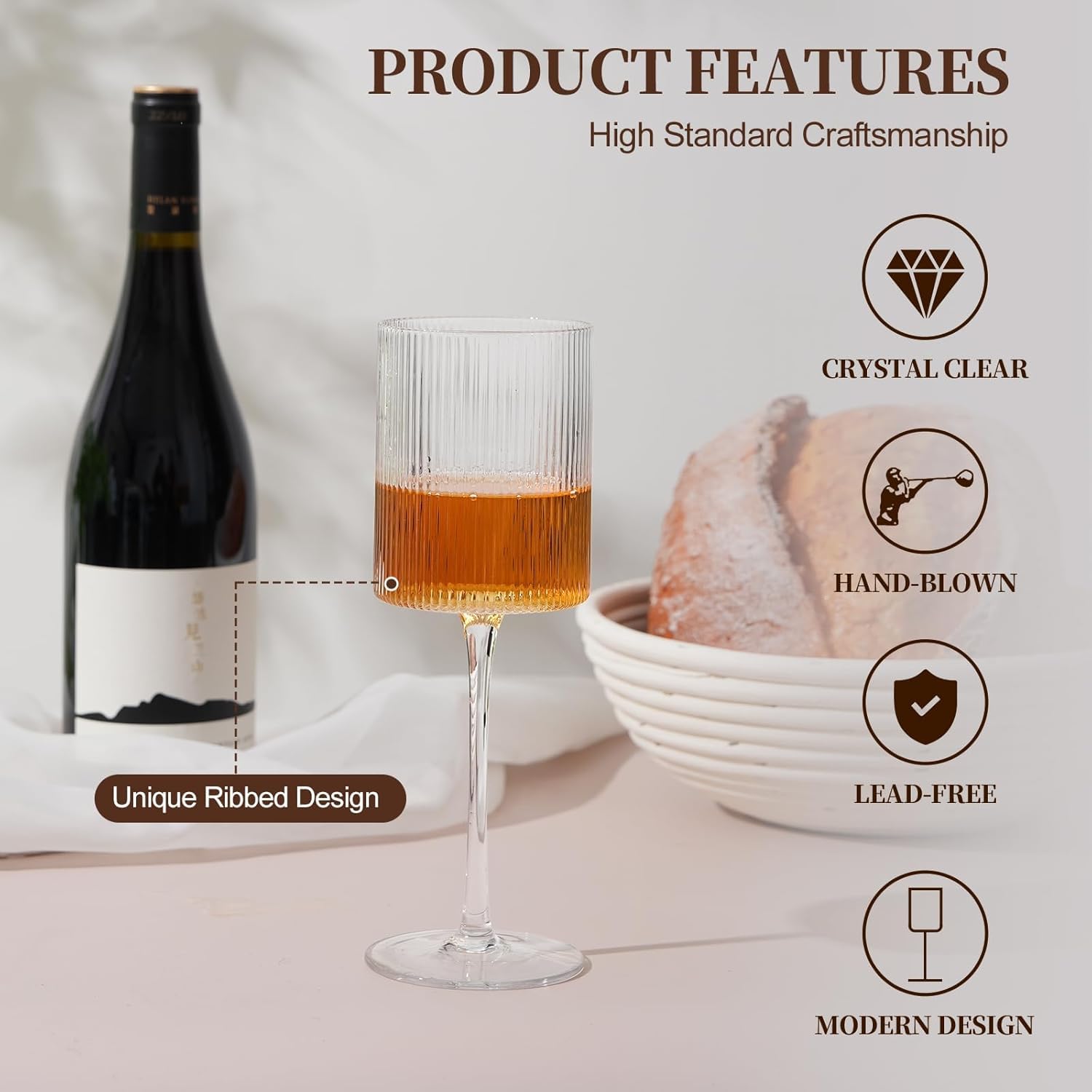 Set di 6 bicchieri da vino a coste, 85 g, per vino rosso e bianco, perfetti per feste e decorazioni per la casa