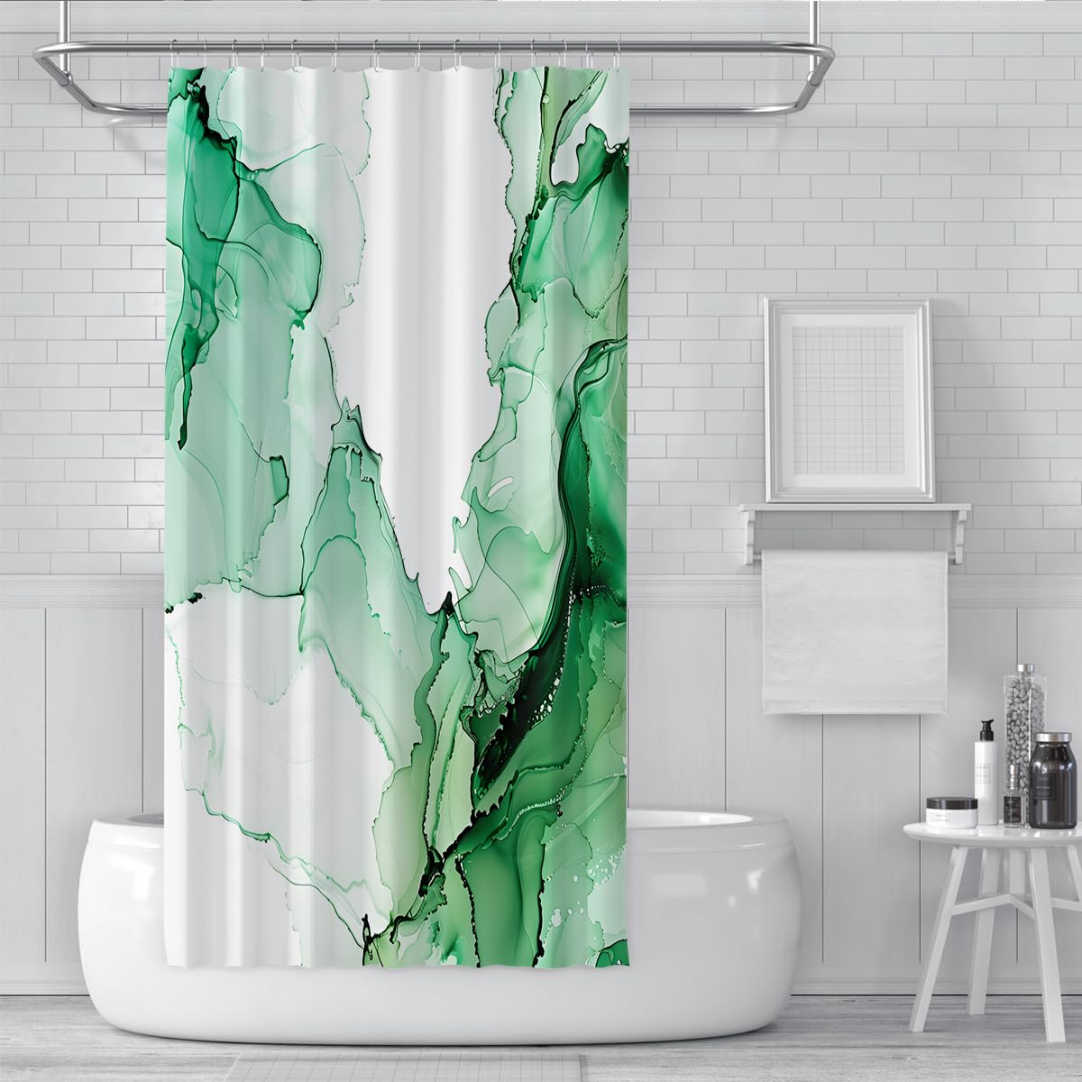 Rideau de Douche Salle de Bain marbre Aquarelle Vert W220xL180 cm | Rideau de baignoire marbre frais, tissu imperméable avec crochets, lavable en machine, séchage rapide