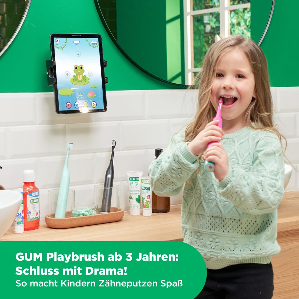 GUM Playbrush KIDS 3+ elektrische Zahnbürste | Interaktive Spiel-App | 2 Putzmodi | Extra weiche Borsten | 8 Wochen Akku | Timer | 1x Schallzahnbürste, wiederaufladbar | 2 extra Bürstenköpfe | Pink