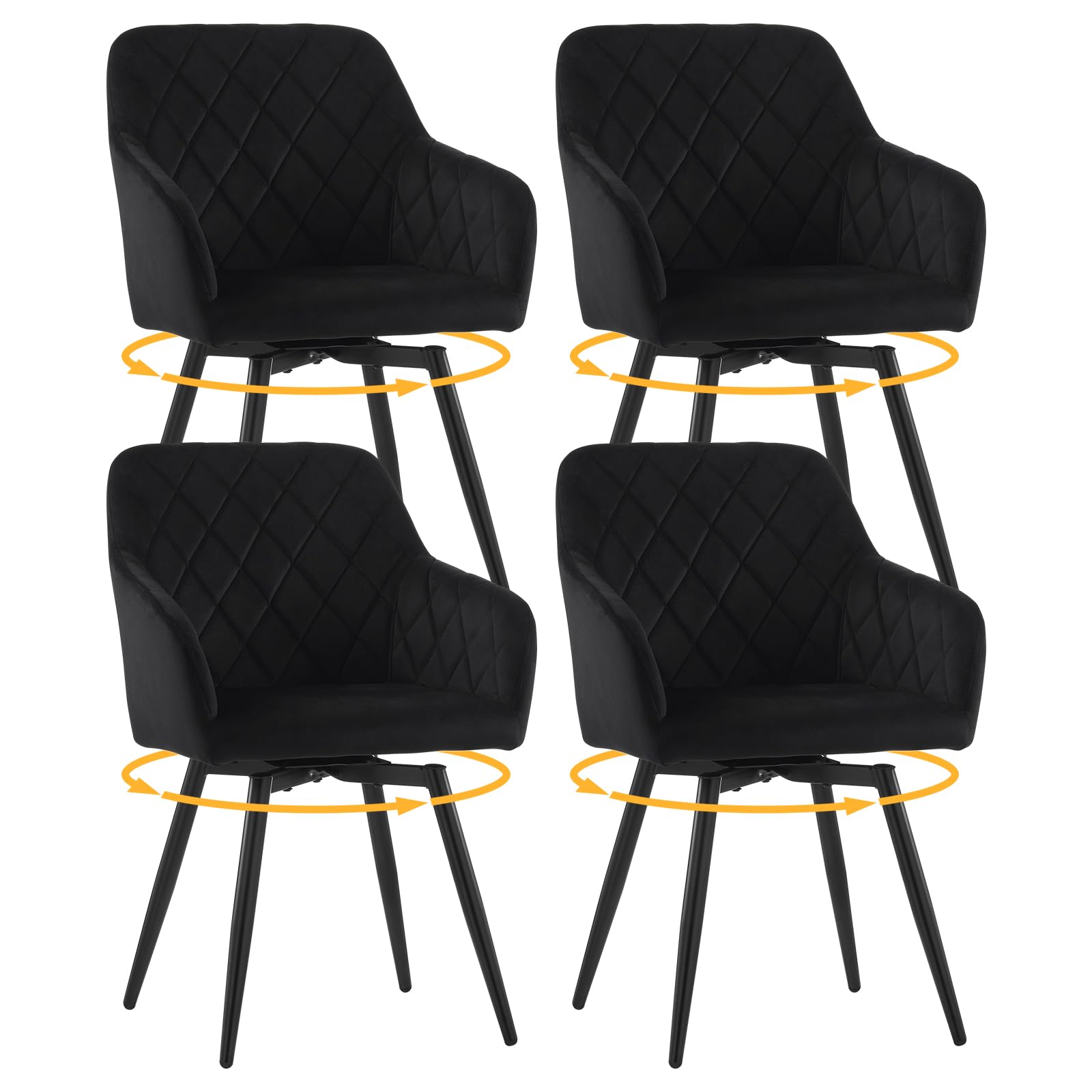 LEMROE 360ยฐ Swivel Dining Chairs Set of 4 Velvet Upholstered Kitchen Counter Accent Chair Ergonomic with Backrest Arms Metal Legs for Home Office Living Bedroom (4, Black)