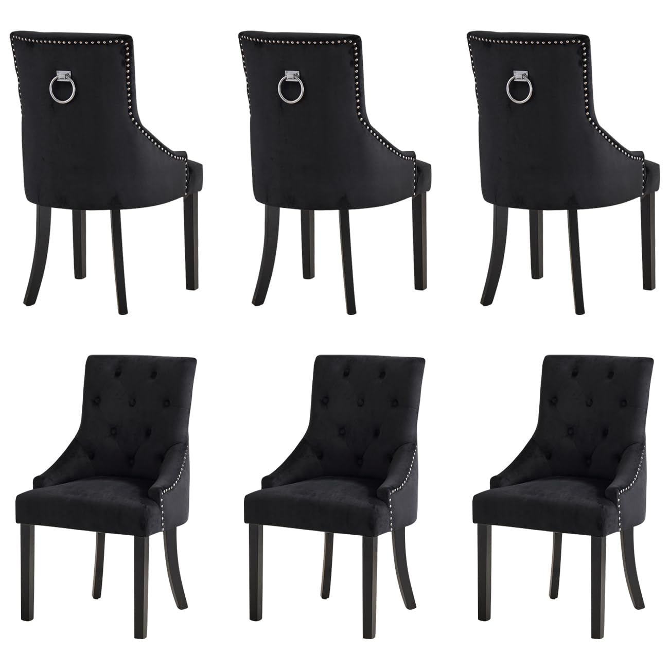 NICEME Velvet Armchair,Dining Chairs Set of 6, Upholstered Accent Side Chair,Armchair for Living Room Bedroom Restaurant Lounge,with Ring Knocker,Velvet Fabric (Black)