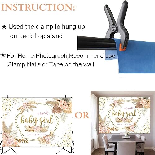 Miniatura 7 de Sensfun Telón de fondo bohemio bohemio floral dulce para bebé, 7 x 5 pies, baby shower, flores rosadas, hierba de pampas, puntos dorados,