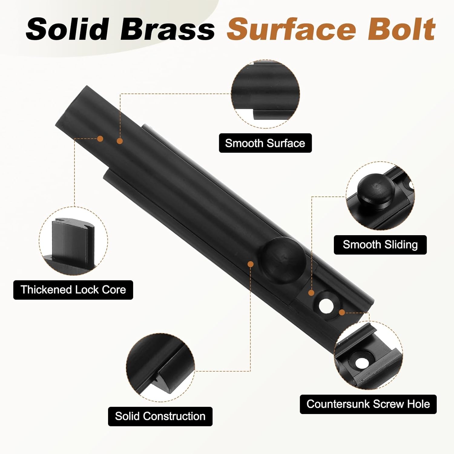 uxcell 4Pcs 4" Solid Brass Surface Bolt, Concealed Security Slide Latch Door Lock with Screws, Polished French Door Lock for Closet Cabinet Recessed Doors, Matt Black
