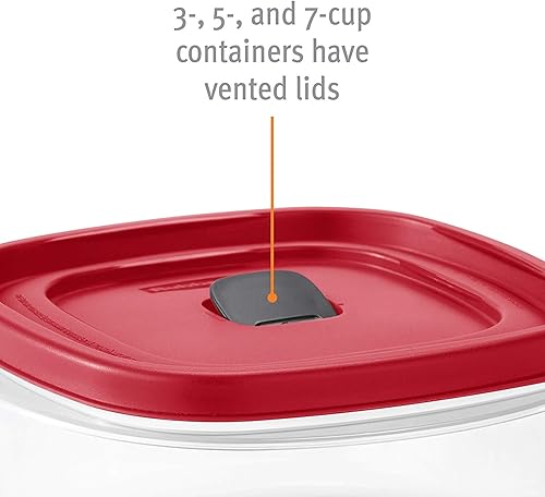 Miniatura 4 de Rubbermaid Easy Find Lid - Recipiente cuadrado de almacenamiento de alimentos para 5 tazas (paquete de 3), color rojo (ventilado)