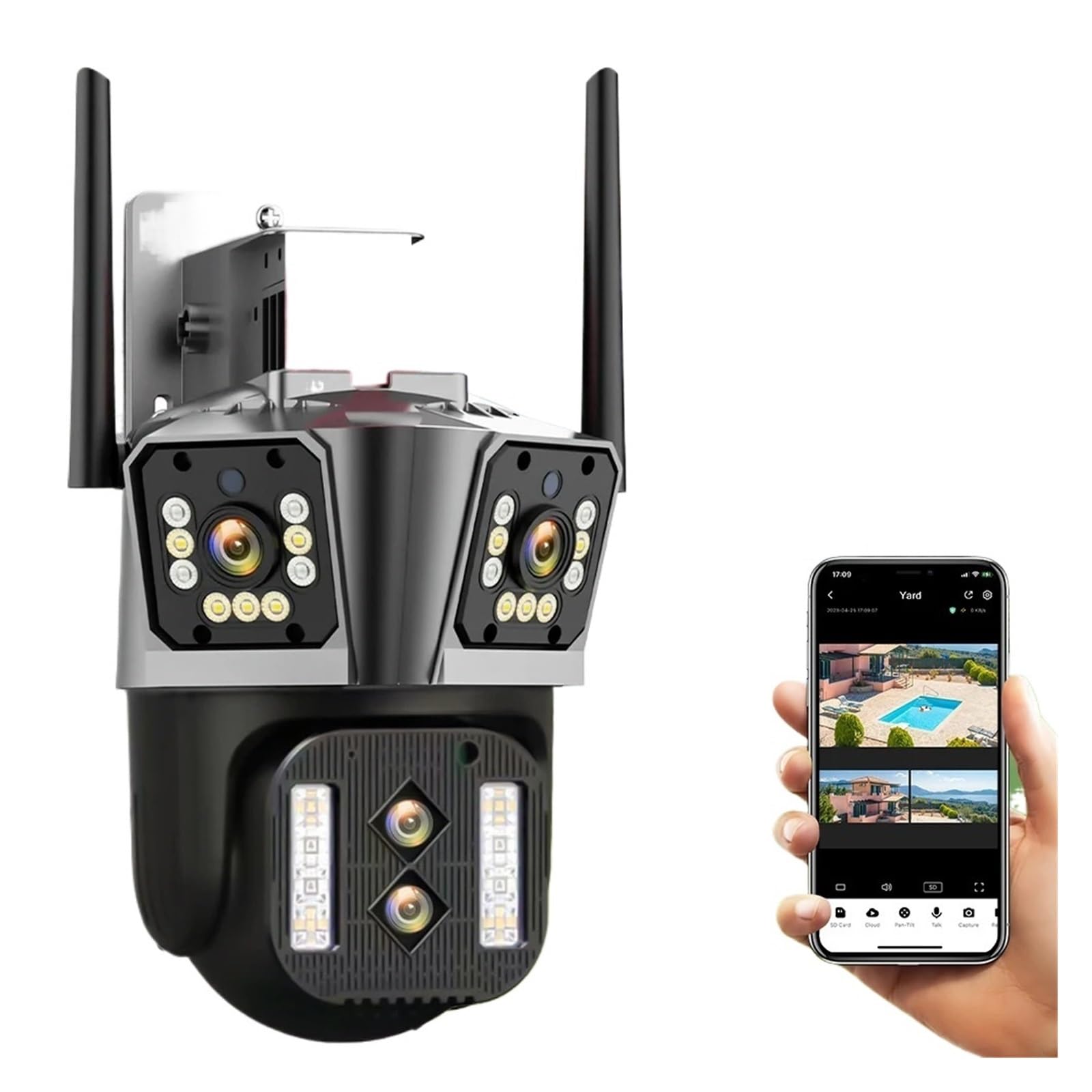MKHJKIOII Security Camera, 16MP 8K HD IP Camera 10X Zoom Outdoor Four Lenses Three-Screen PTZ 8MP Security Protection CCTV Color Night Vision(8K 16MP add 64G)