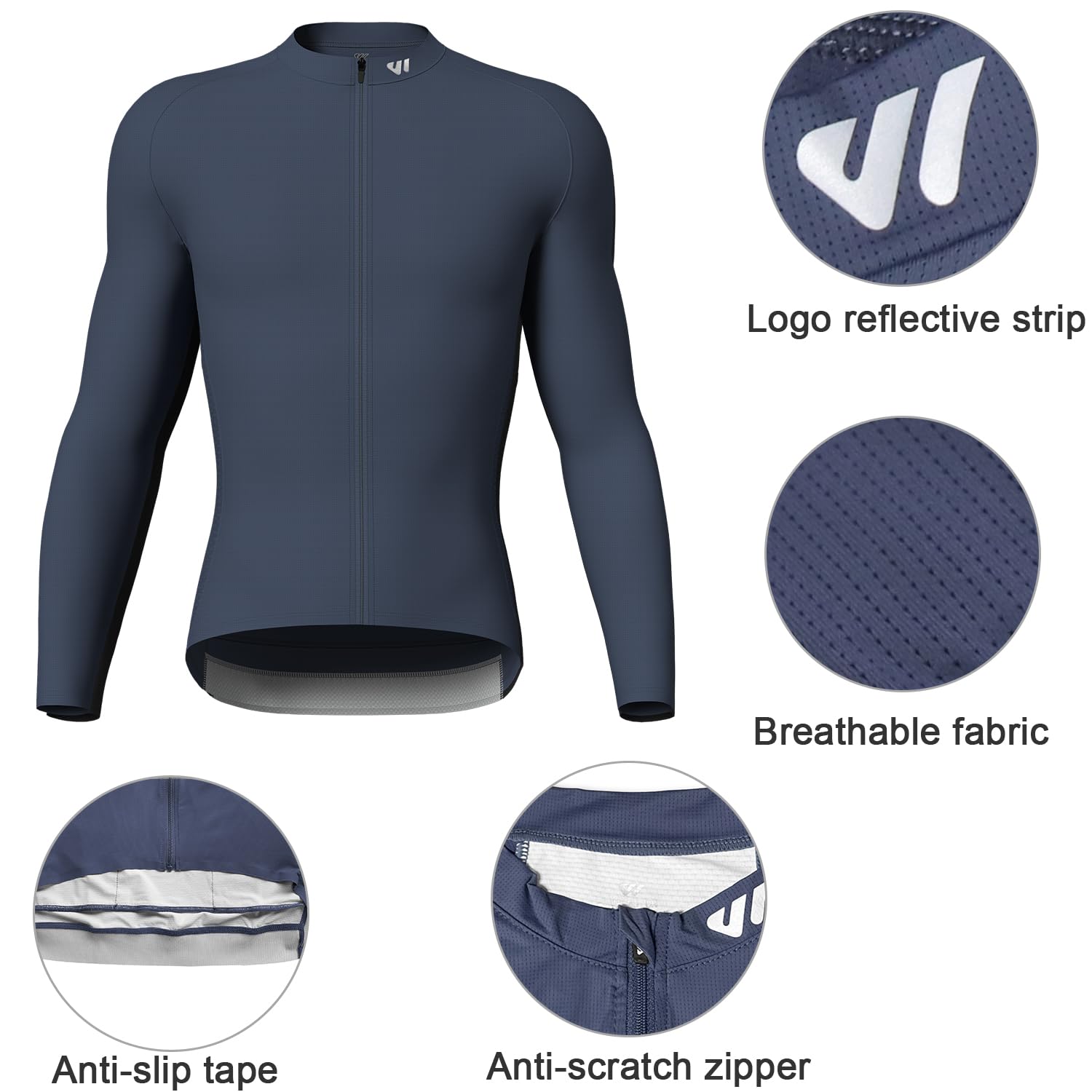 Lo.gas Maglia da ciclismo da uomo a maniche lunghe con 3 + 1 tasche posteriori, traspirante, UPF 50+, con cerniera intera, per equitazione