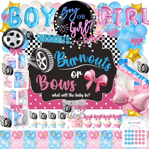 171 PCs Burnouts or Bows Gender Reveal Decorations, Hombae Boy or Girl Gender Reveal Decorations Backdrop Balloon Garland Banner Tablecloth Cake Cupcake Topper Box Cutout Poster Sash Pink Blue