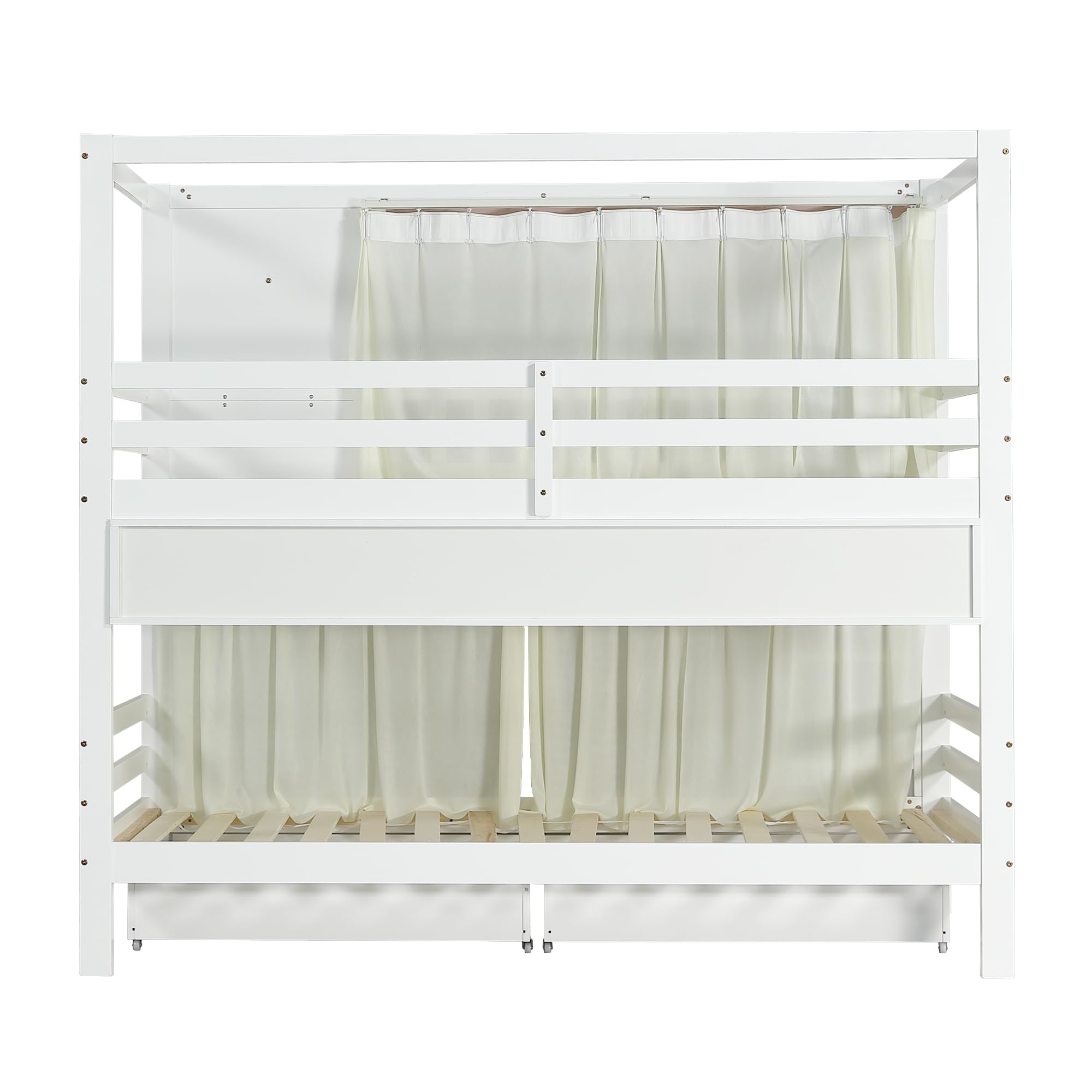 Litera de 90x200cm, cama infantil con ventanas y cortinas, con rejilla anticaída, estante abierto, barandilla estable, dos cajones con ruedas, amplio espacio de almacenamiento, pino+MDF