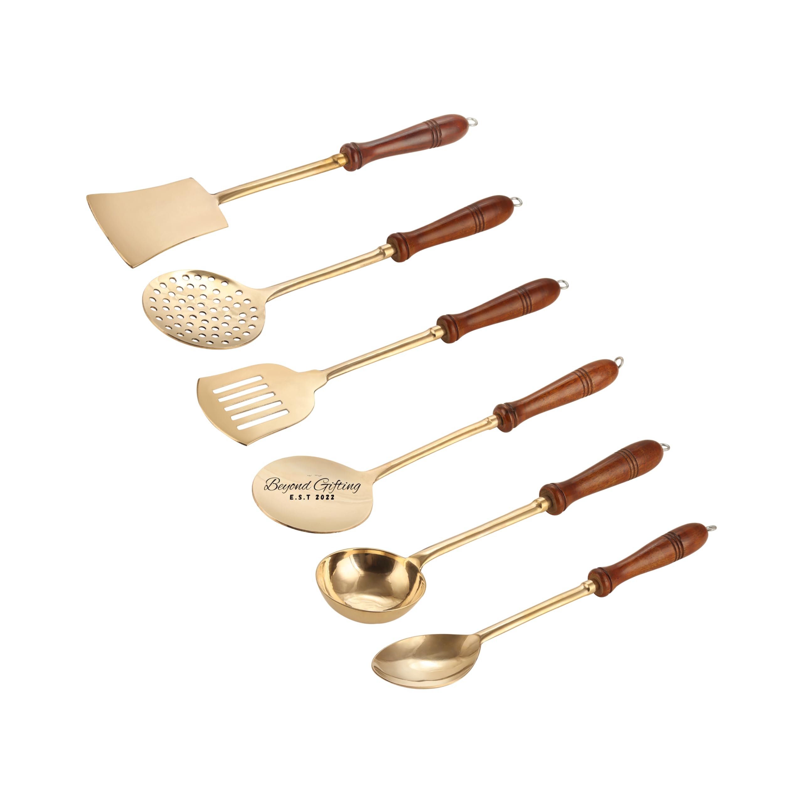Beyond Gifting Premium Brass Kitchen Utensils Set of 6 with Wooden Handle Cooking Spoon Set Brass Serving Gold Spoon Set of 6 Pital Cooking Spoon, Salad Spoon, Flip Spatula, Ladle, Skimmer