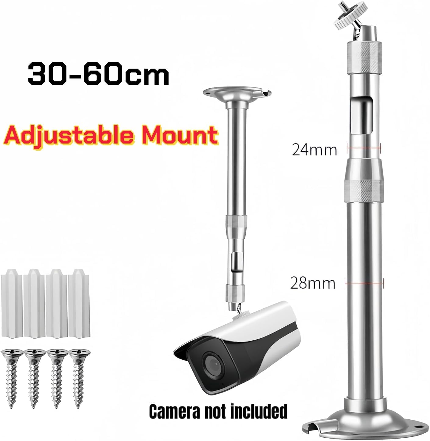 Silver 30-60cm Adjustable Telescopic Security Camera Mount, Multi-Angle Wall & Ceiling Bracket Compatible with Most Home Surveillance Cameras image 2
