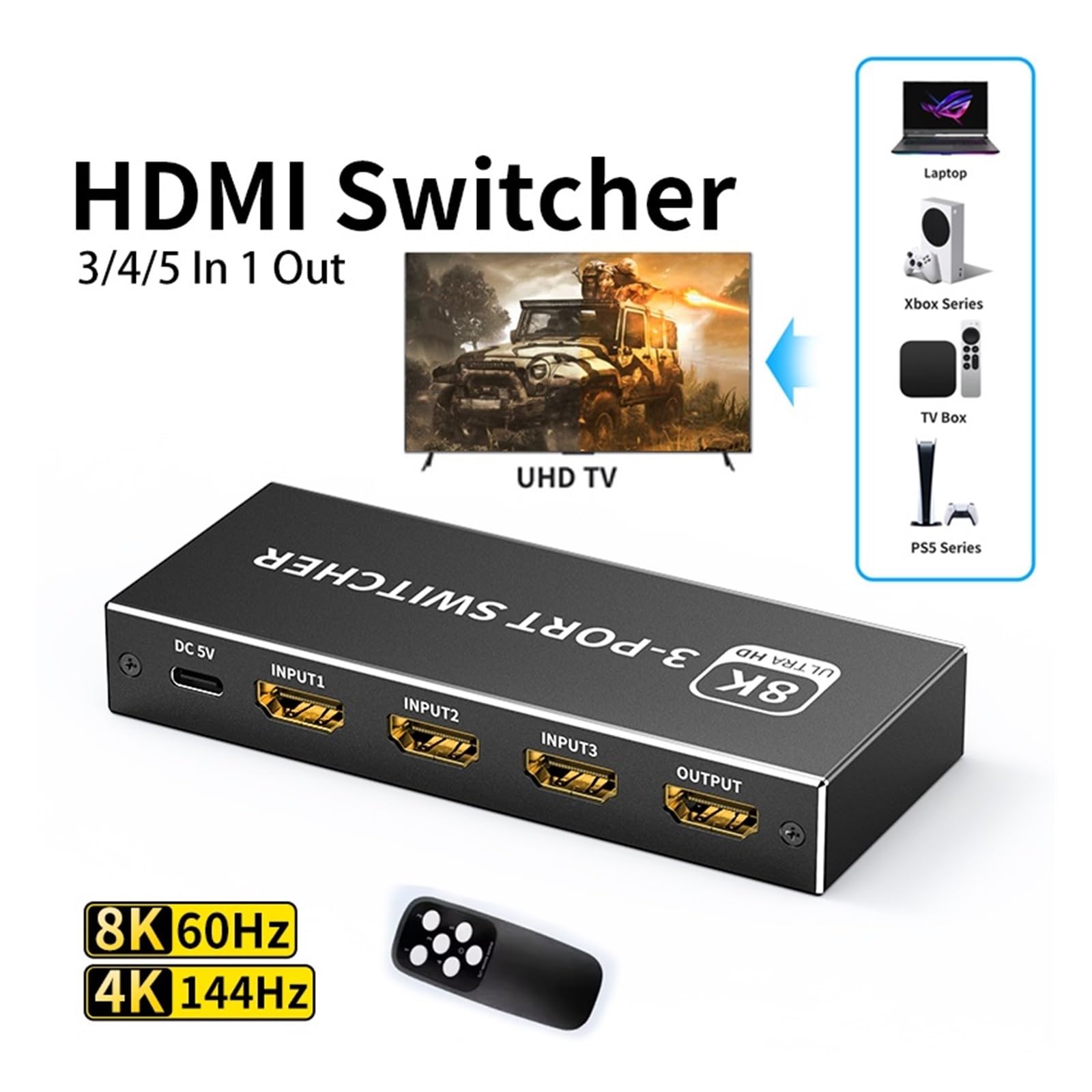 Switcher 4K 144Hz HDR 3D Video Splitter 3/4/5 in 1 out Switcher 4K(5 in 1 out)