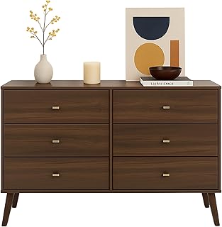 Prepac Milo Mid-Century Modern 6 Drawer Double Dresser for Bedroom, Wide Chest of Drawers, Contemporary Bedroom Furniture, 16.75" D x 52.50" W x 33" H, Cherry
