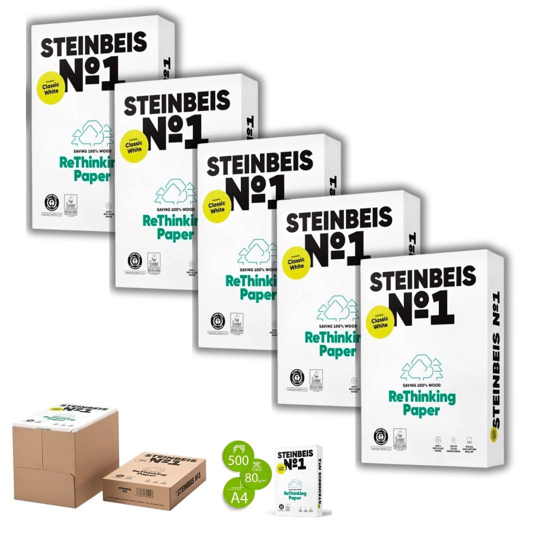 Papel Reciclado 100% Steinbeis Nº1 - DIN A4, 80g/m², Paquete de 2500 Hojas Ecológicas (Caja de 5 paquetes de 500 hojas) para Impresoras y Fotocopiadoras