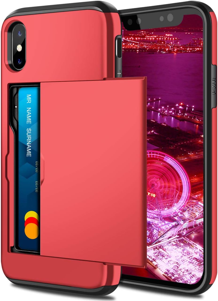 for iPhone XS Case for iPhone X Case Wallet Shockproof Protective Heavy Duty Hard Back Rubber Bumper Phone Card Holder Slot Wallet Cover for iPhone X/XS (Red)