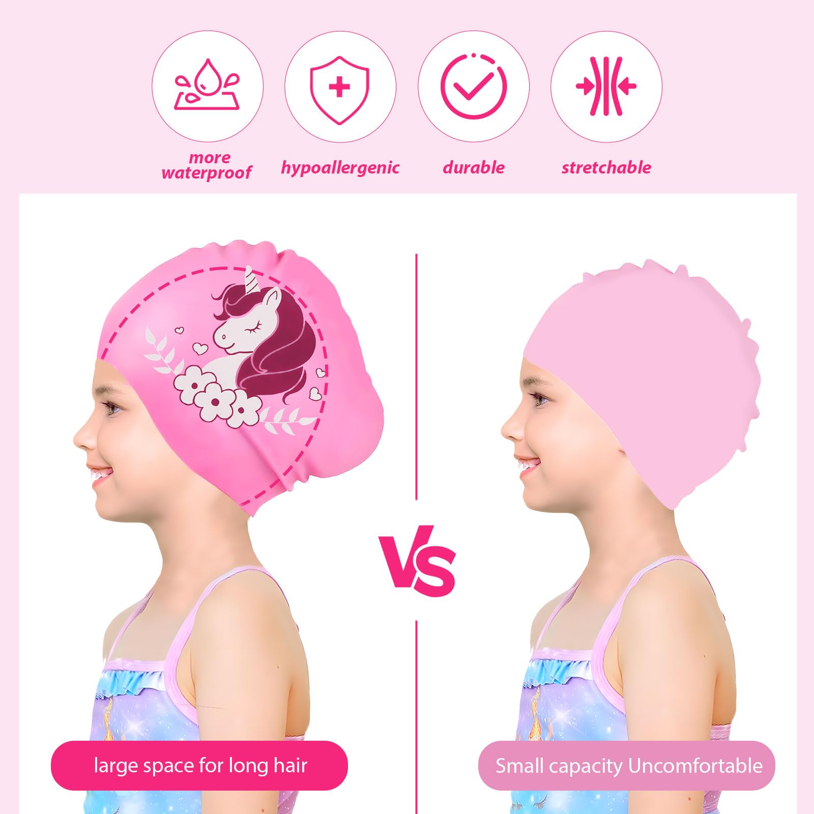 Bonnet De Bain Silicone 2 Pièces - Licorne & Sirène - Imperméable Pour Cheveux Longs (filles 4-10 Ans)