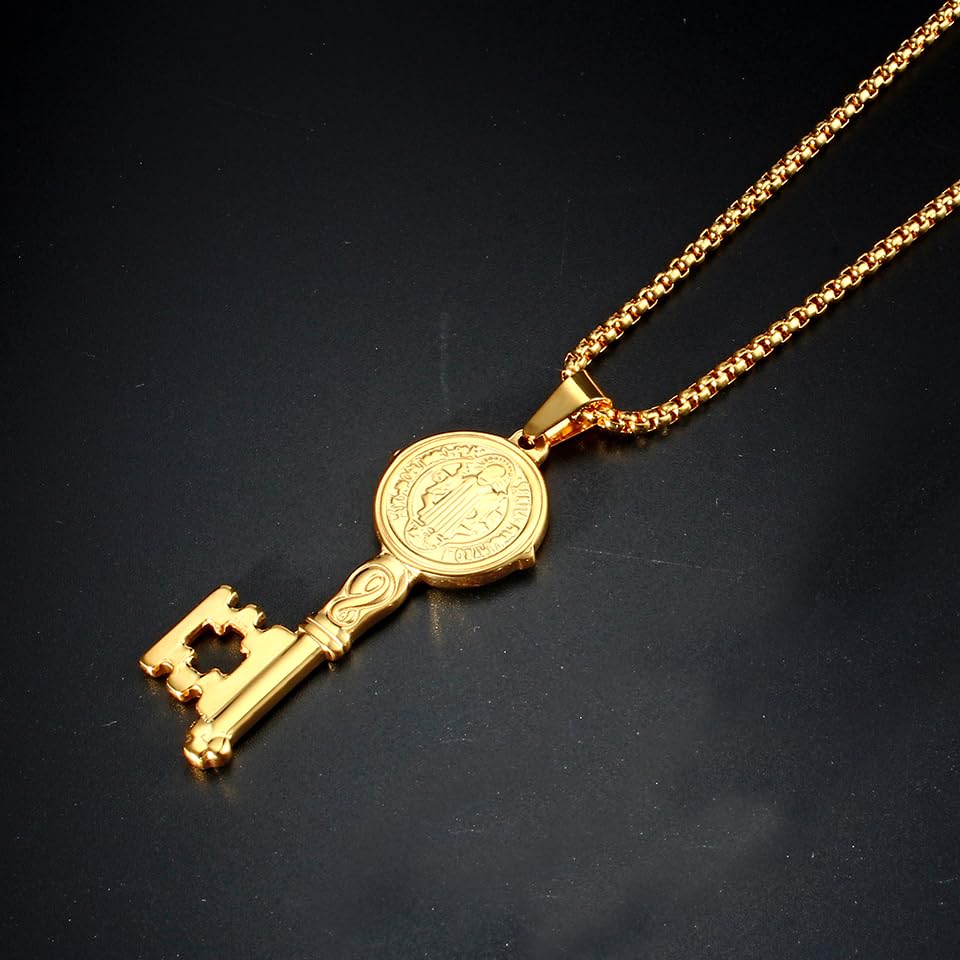 Saint Benedict Medal Key Pendant Necklace,Stainless Steel Exorcism Catholic Religious Key Necklace Jewelry 24 Inch Chain,Gift For Him2