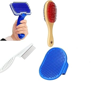 RvPaws Dog Hair Flea Comb + Slicker + Wooden Brush + Bath Gloves Combo Pack of 4 Grooming Kit for All Pets Dog, Cat, Rabbit, Puppy Pack of 4 Grooming Kit for All Pets Dog, All breeds