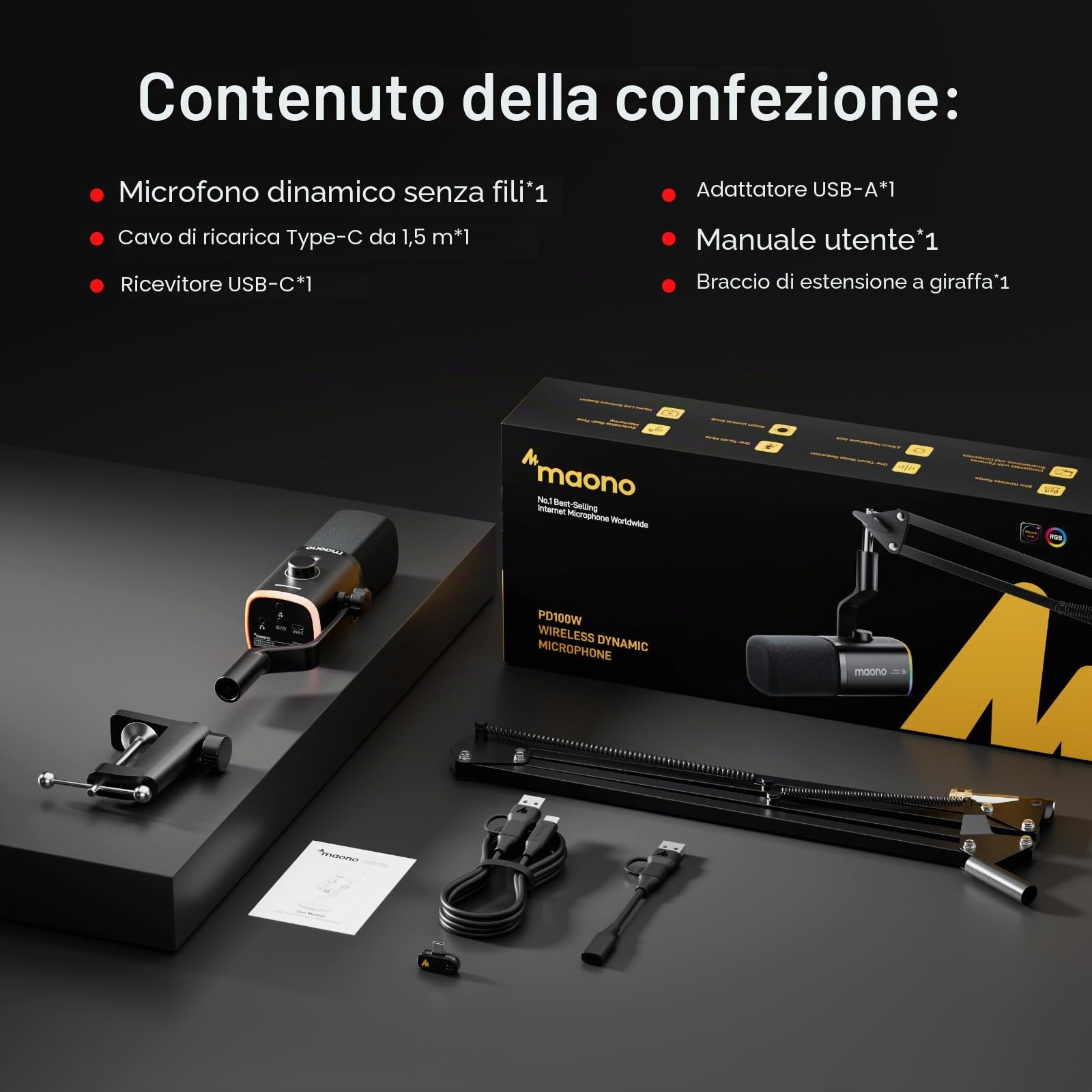 MAONO Kit microfono dinamico wireless per PC, cancellazione del rumore one-tap, microfono con boom USB-C con RGB, disattivazione, controllo amplificazione, PD100WS nero