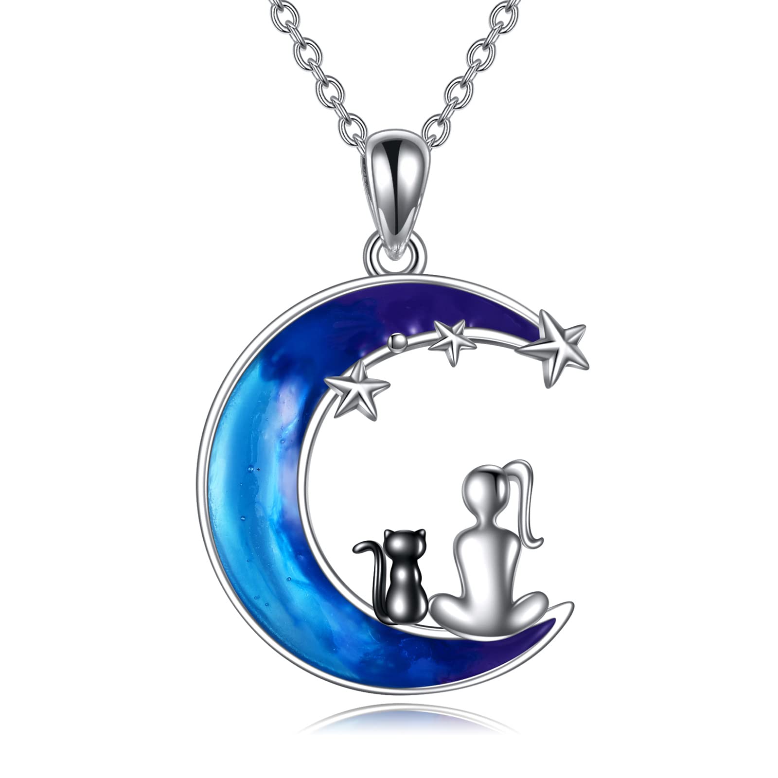 YFN Collar de gatos para niñas Collar con colgante de luna azul de plata esterlina Joyas para mujeres madre hija, normale, Plata esterlina, No es una piedra preciosa