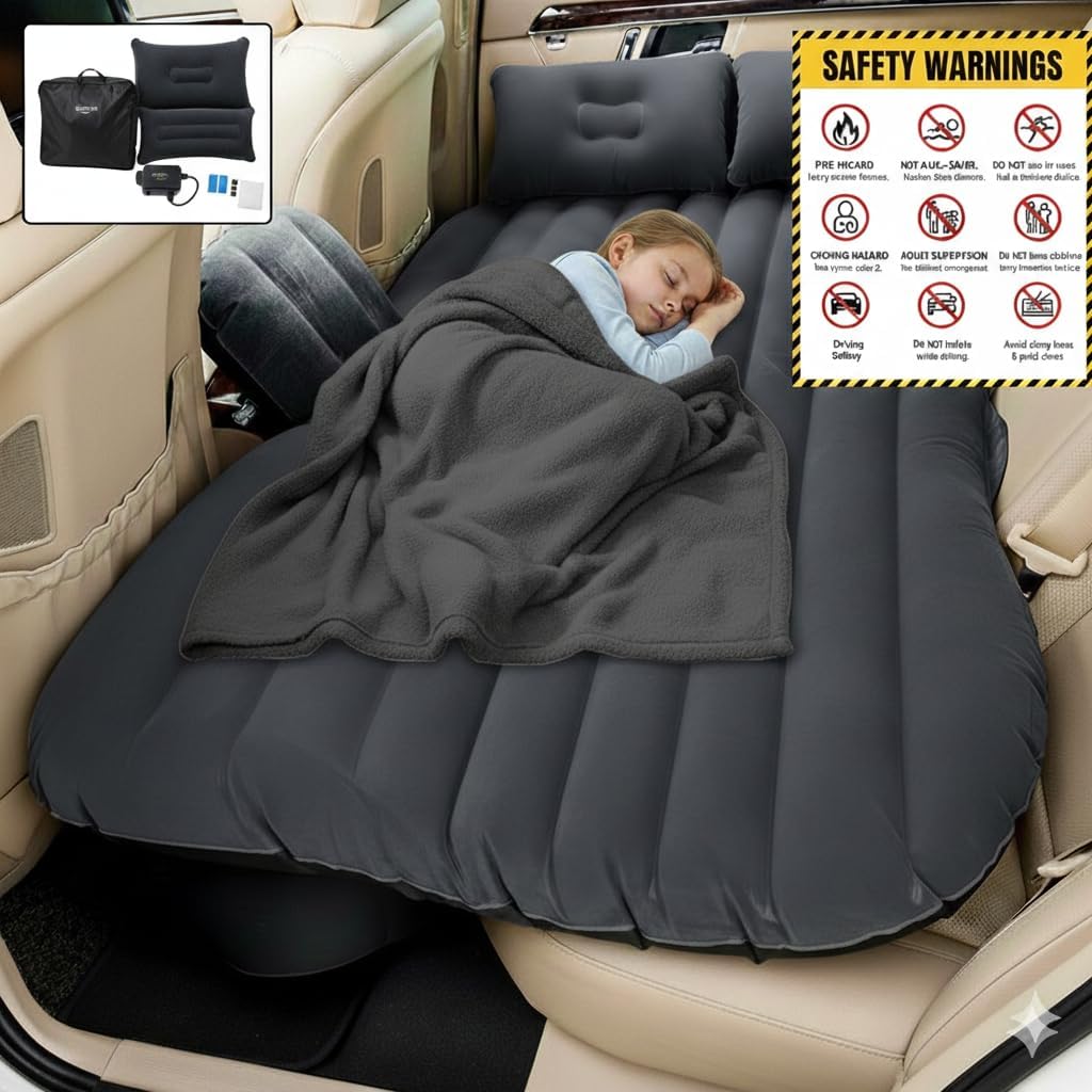 Neelkrush Portable Exclusive Car Air Mattress Car Back Seat Travel Car Sleeping Bed for Kids Inflatable Bed with 2 Pillow & Pump |Quick inflate for Car |Travel for Trips,Camping, Picnic, Pool |Black 1